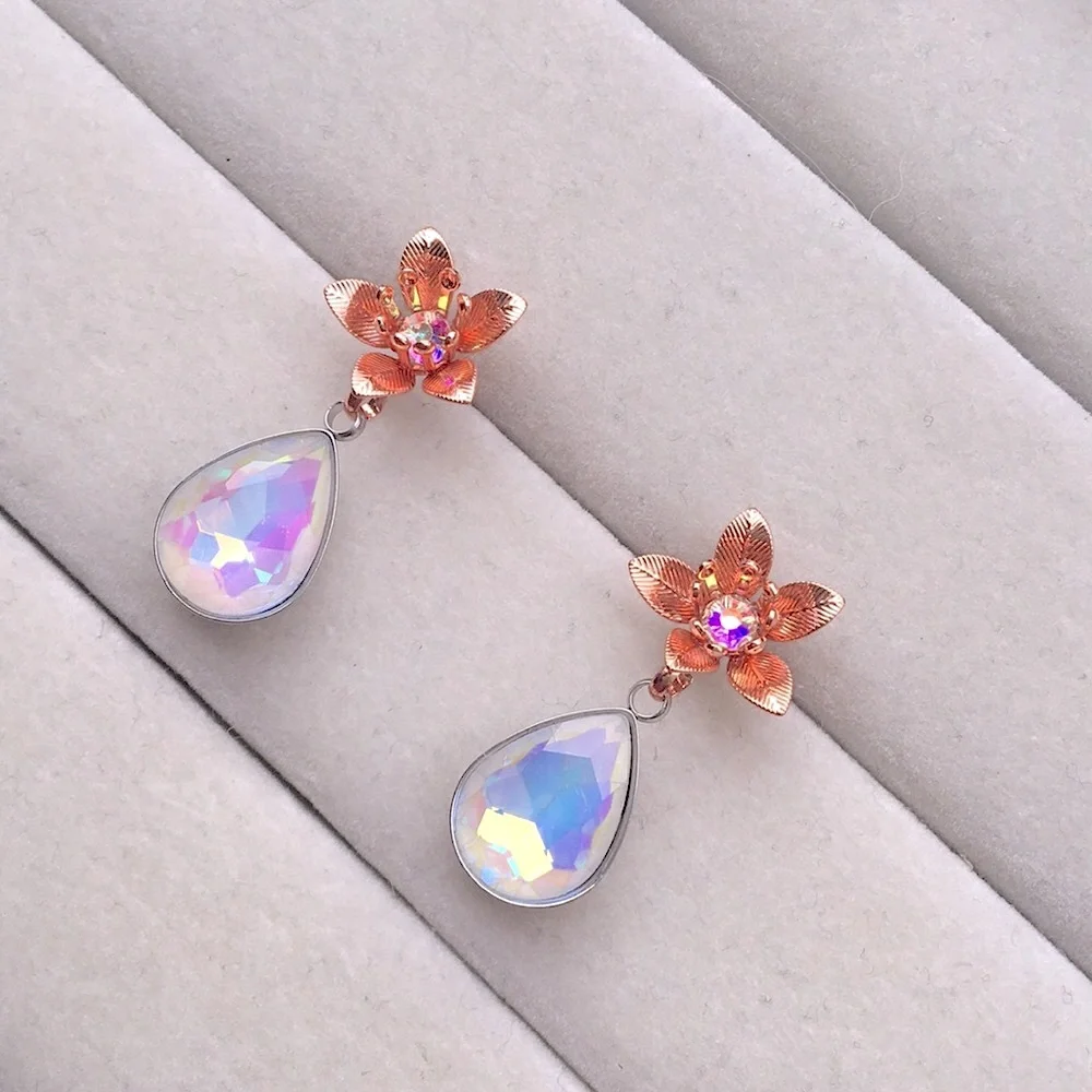 Iridescent White Aurora Borealis + Rose Gold Crystal Flower Drop Earrings